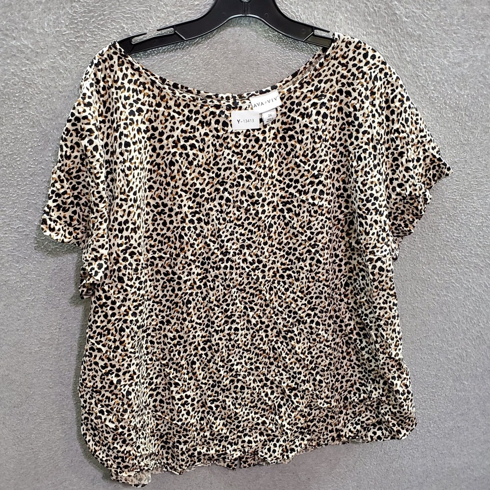Ava & Viv Women Top 2X Brown Leopard Print Blouse Short Sleeve Pullover
